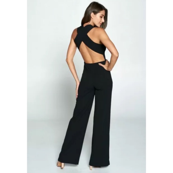 Black Sexy Crepe Open X Back Wide Leg Jumpsuit - Picture 4 of 4